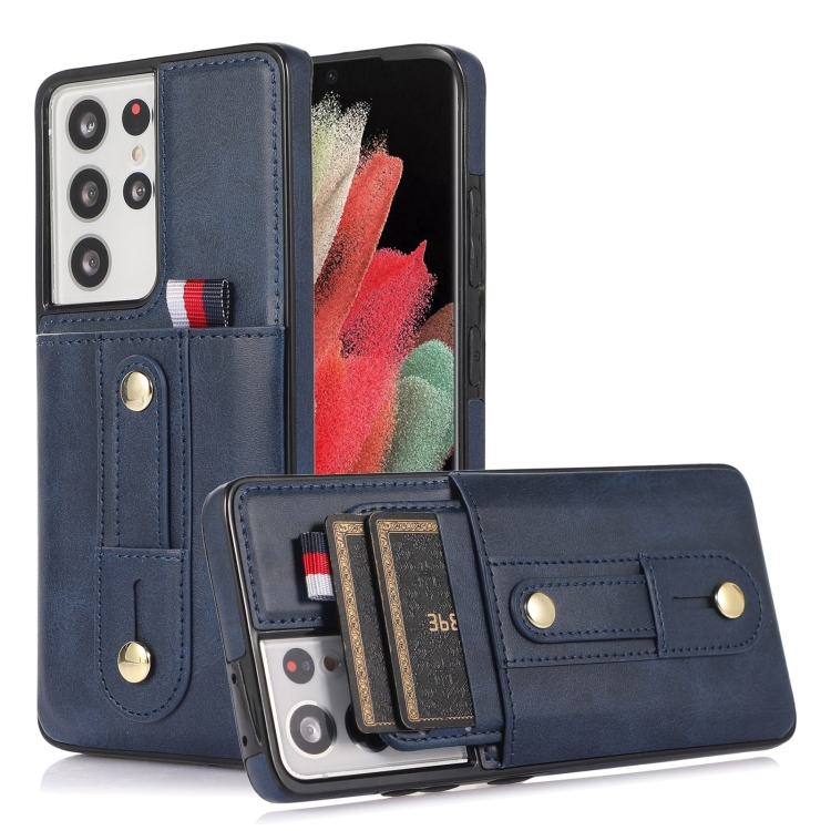 

For Samsung Galaxy S21 Ultra 5G Wristband Kickstand Wallet Leather Phone Case(Blue)