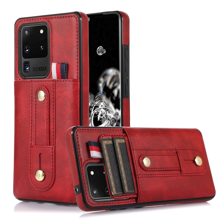 

For Samsung Galaxy S20 Ultra Wristband Kickstand Wallet Leather Phone Case(Red)