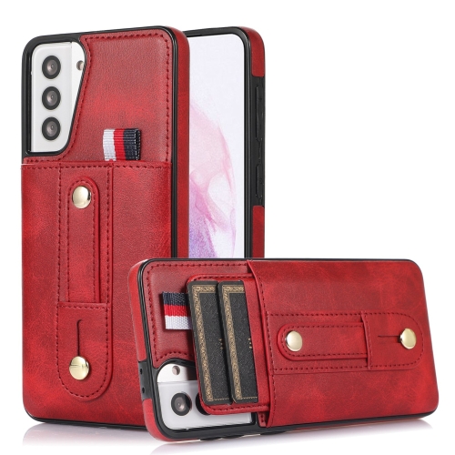 

For Samsung Galaxy S21 FE 5G Wristband Kickstand Wallet Leather Phone Case(Red)