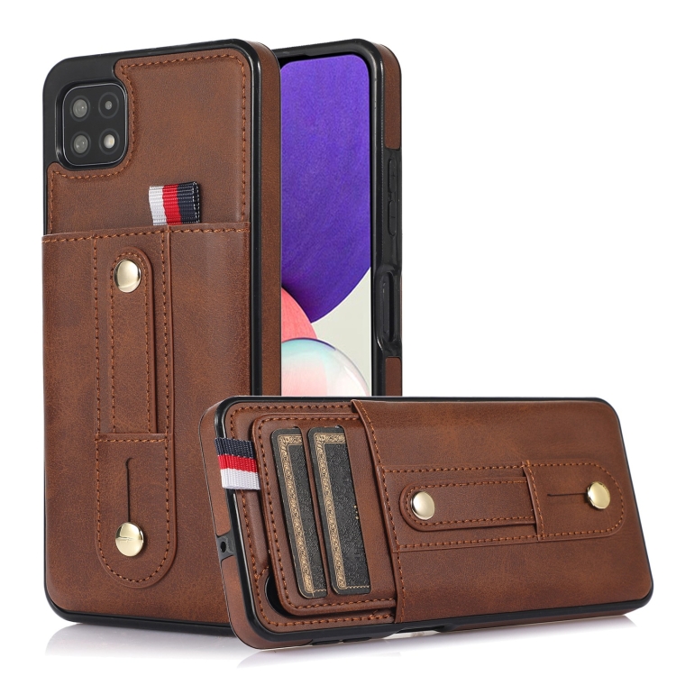 

For Samsung Galaxy A42 5G Wristband Kickstand Wallet Leather Phone Case(Brown)