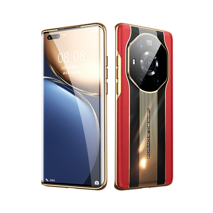 

For Honor Magic3 Pro Electroplated Lychee Genuine Leather Phone Case(Red)