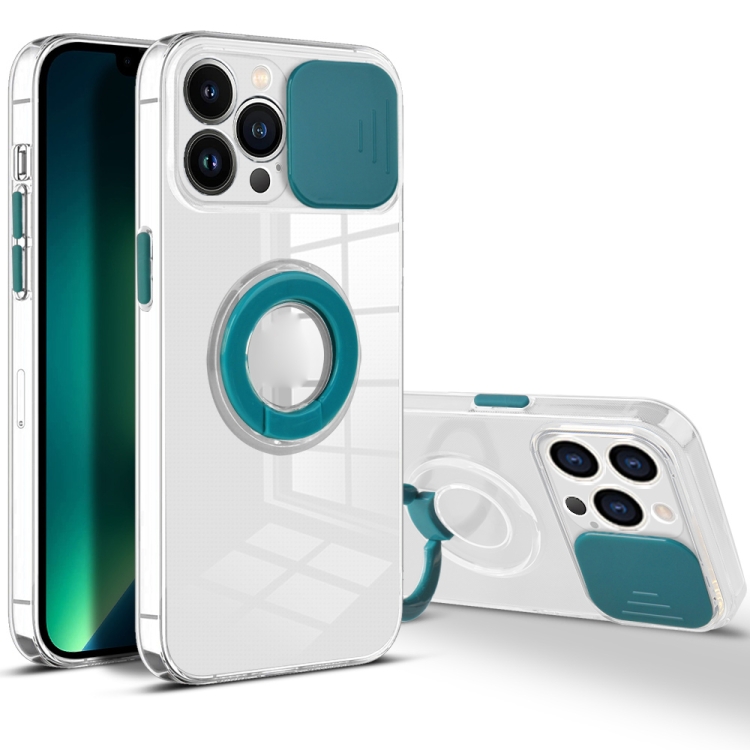 

Sliding Camera Cover Design TPU Phone Case For iPhone 13 Pro(Dark Green)
