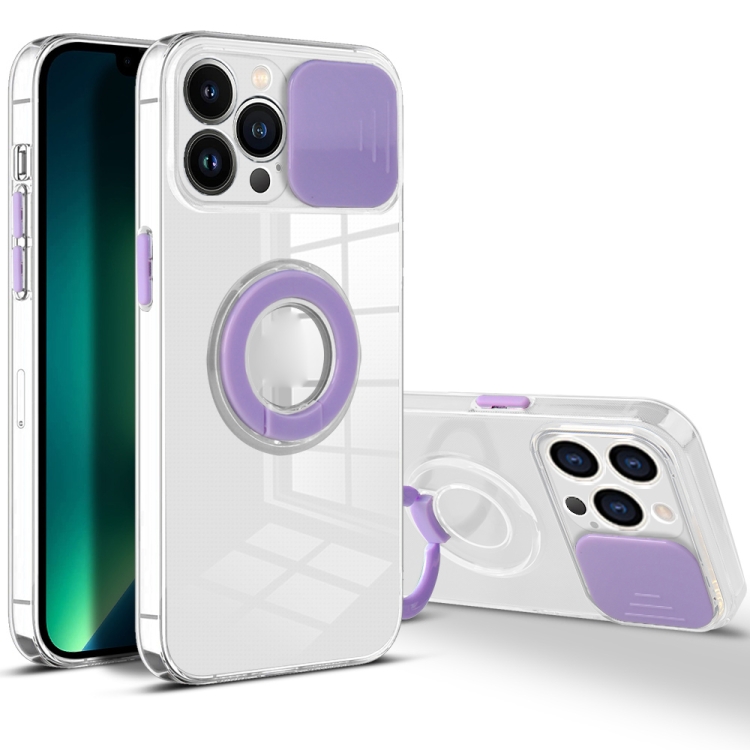 

Sliding Camera Cover Design TPU Phone Case For iPhone 13 Pro(Purple)