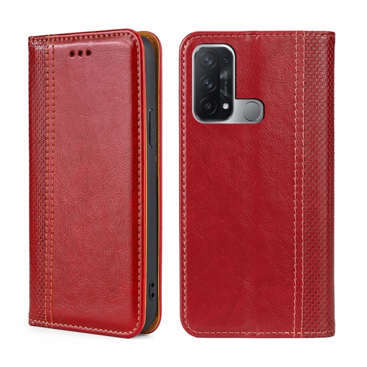 

For OPPO Reno5 A Grid Texture Magnetic Flip Leather Phone Case(Red)