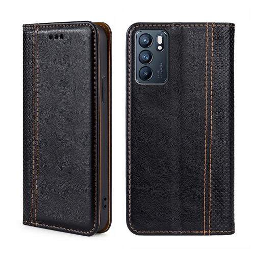 

For OPPO Reno6 5G Grid Texture Magnetic Flip Leather Phone Case(Black)