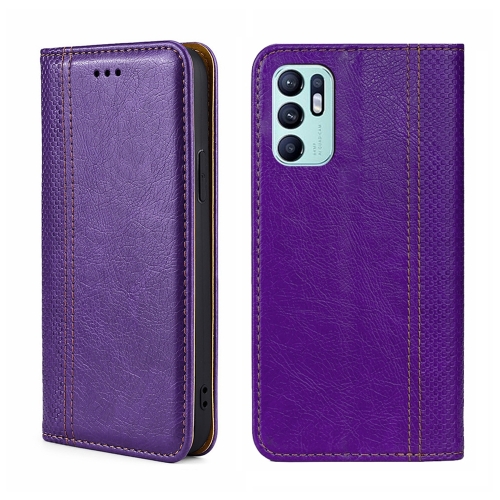 

For OPPO Reno6 4G Grid Texture Magnetic Flip Leather Phone Case(Purple)