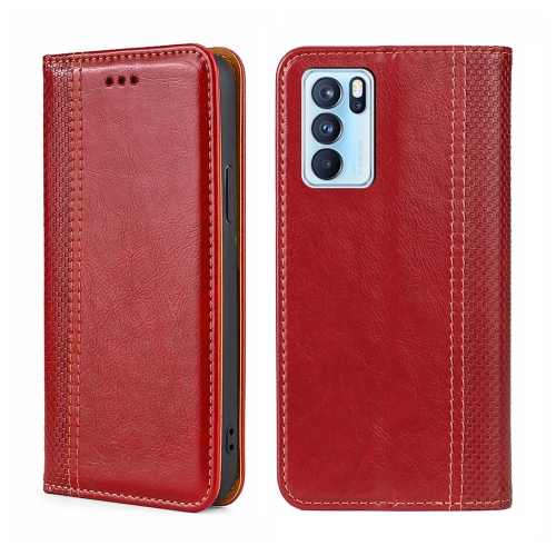 

For OPPO Reno6 Pro 5G Grid Texture Magnetic Flip Leather Phone Case(Red)