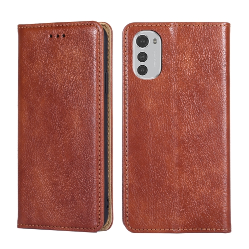 

For Motorola Moto E32 4G Gloss Oil Solid Color Magnetic Leather Phone Case(Brown)