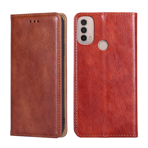 

For Motorola Moto E40 Gloss Oil Solid Color Magnetic Leather Phone Case(Brown)