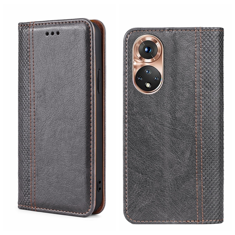 

For Honor 50 Grid Texture Magnetic Flip Leather Phone Case(Grey)