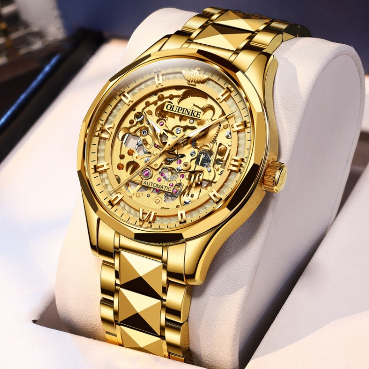 

OUPINKE 3209 Steel Band Waterproof Hollow Mechanical Movement Men Watch(Gold)