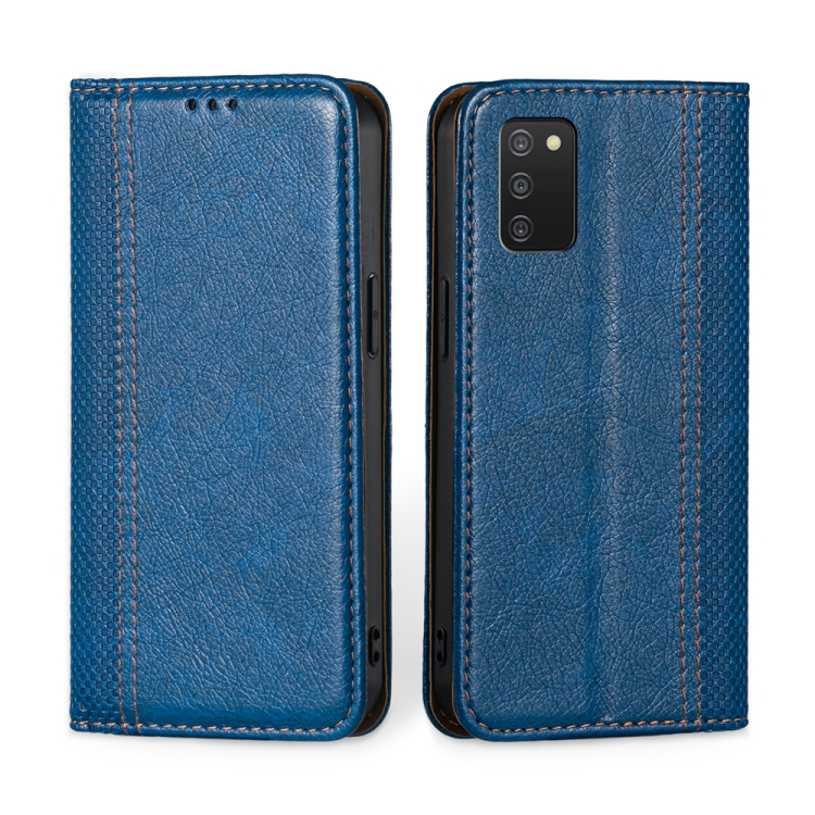 

For Samsung Galaxy A03s US Version 165.85mm Grid Texture Magnetic Flip Leather Phone Case(Blue)