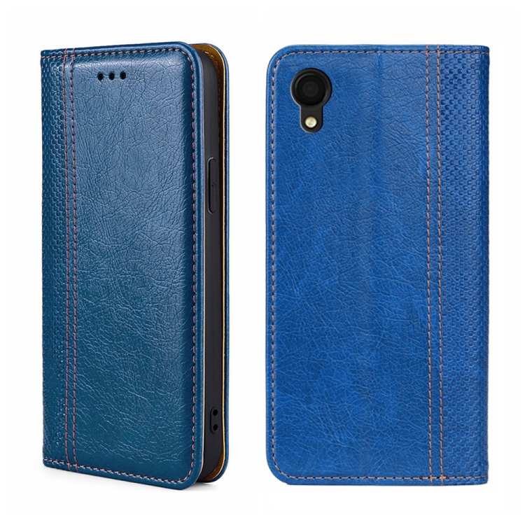 

For Samsung Galaxy A22 5G JP Version Grid Texture Magnetic Flip Leather Phone Case(Blue)