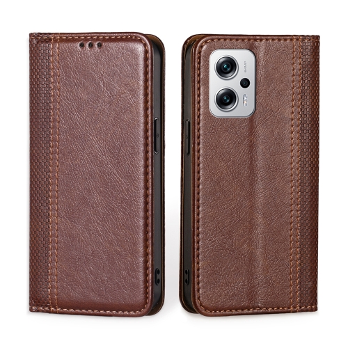 

For Xiaomi Redmi Note 11T Pro 5G/Note 11T Pro+ 5G Grid Texture Magnetic Flip Leather Phone Case(Brown)