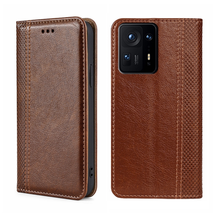 

For Xiaomi Mix 4 Grid Texture Magnetic Flip Leather Phone Case(Brown)