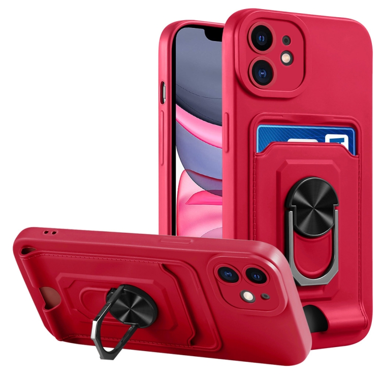 

For iPhone 11 Ring Kickstand Card Wallet TPU Phone Case (Red)