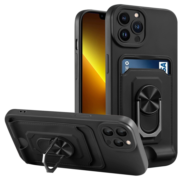 

For iPhone 11 Pro Max Ring Kickstand Card Wallet TPU Phone Case (Black)