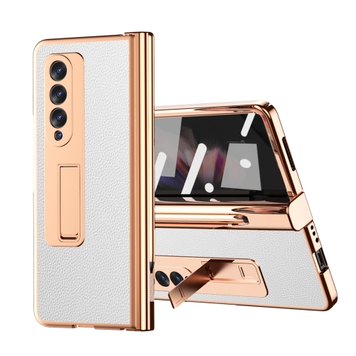 

For Samsung Galaxy Z Fold3 5G Litchi Texture Leather Hinged Electroplated Phone Case with S Pen Fold Edition & Protective Film(White)