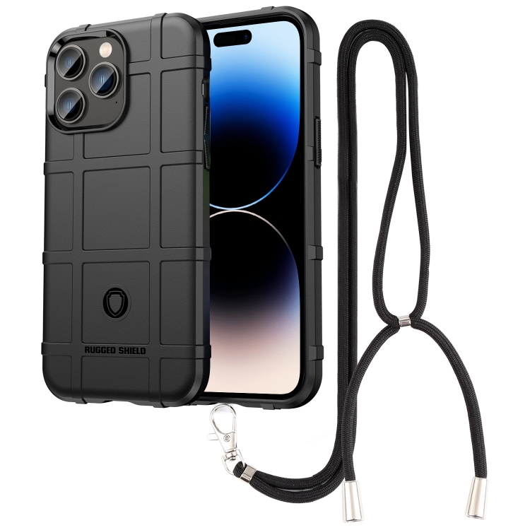 

For iPhone 14 Pro Lanyard Rugged Shield TPU Phone Case(Black)