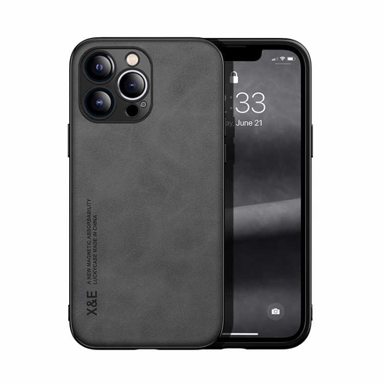 

For iPhone 13 Pro Skin Feel Magnetic Leather Back Phone Case (Dark Grey)
