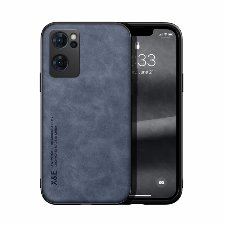 

For OPPO Reno7 5G Skin Feel Magnetic Leather Back Phone Case(Blue)