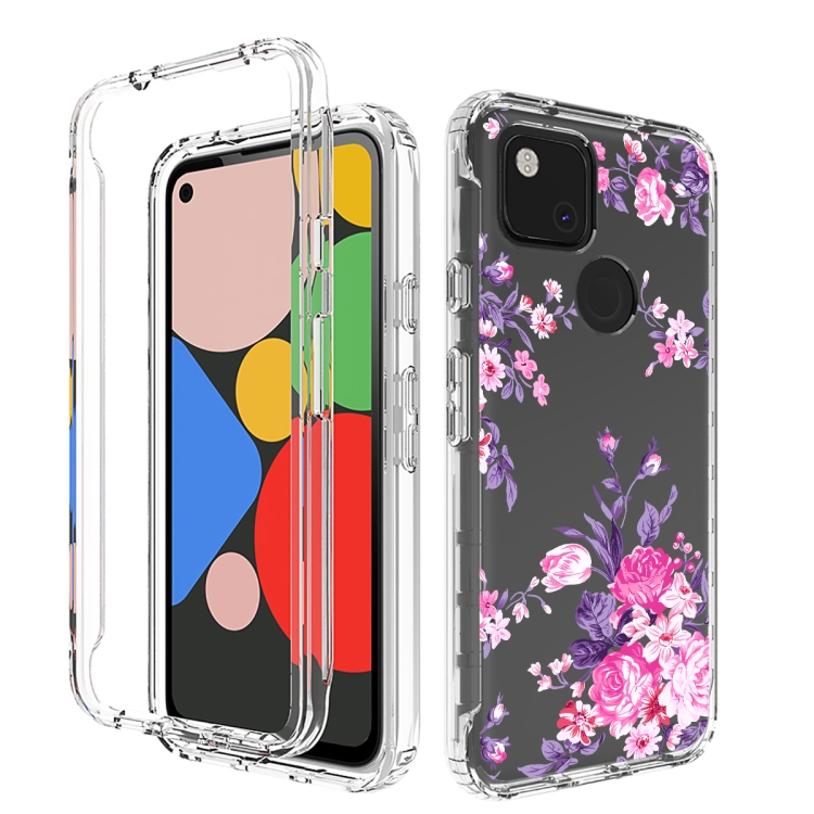 For Google Pixel 4a PC+TPU Transparent Painted Phone Case(Pink Flower)