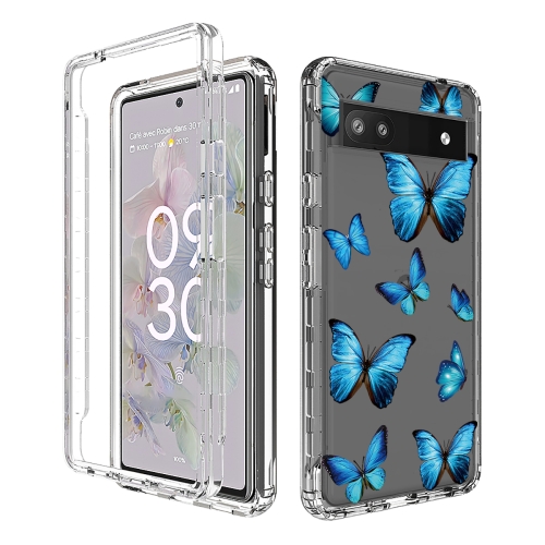 

For Google Pixel 6a PC+TPU Transparent Painted Phone Case(Blue Butterflies)