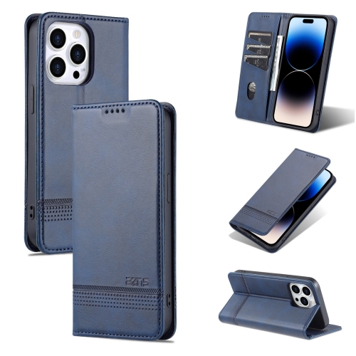 AZNS Magnetic Calf Texture Flip Leather Phone Case For iPhone 14 Pro(Dark Blue)