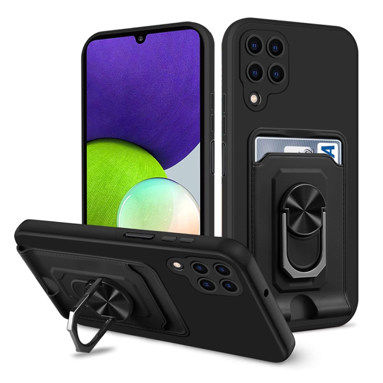 

For Samsung Galaxy A22 4G Ring Kickstand Card Wallet TPU Phone Case(Black)