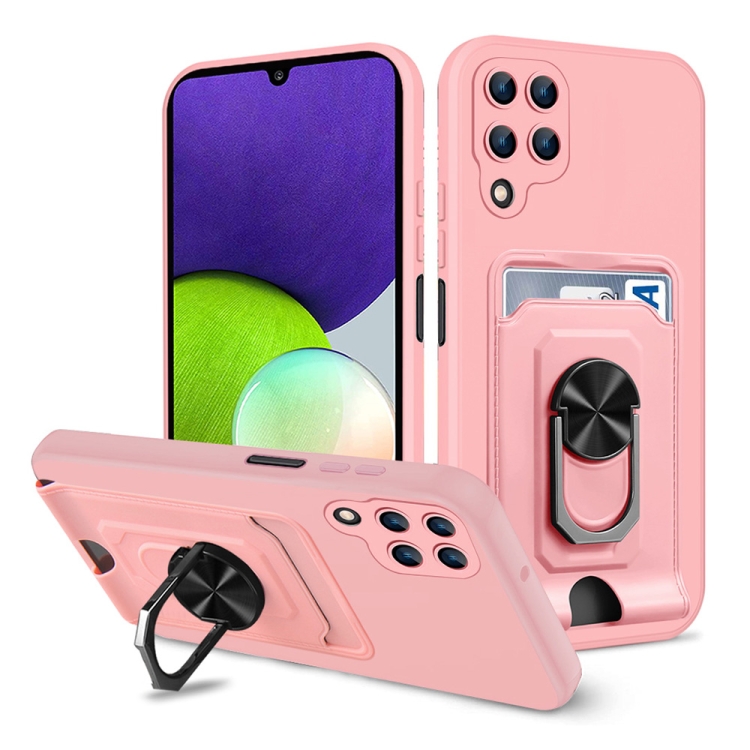 

For Samsung Galaxy A22 4G Ring Kickstand Card Wallet TPU Phone Case(Pink)