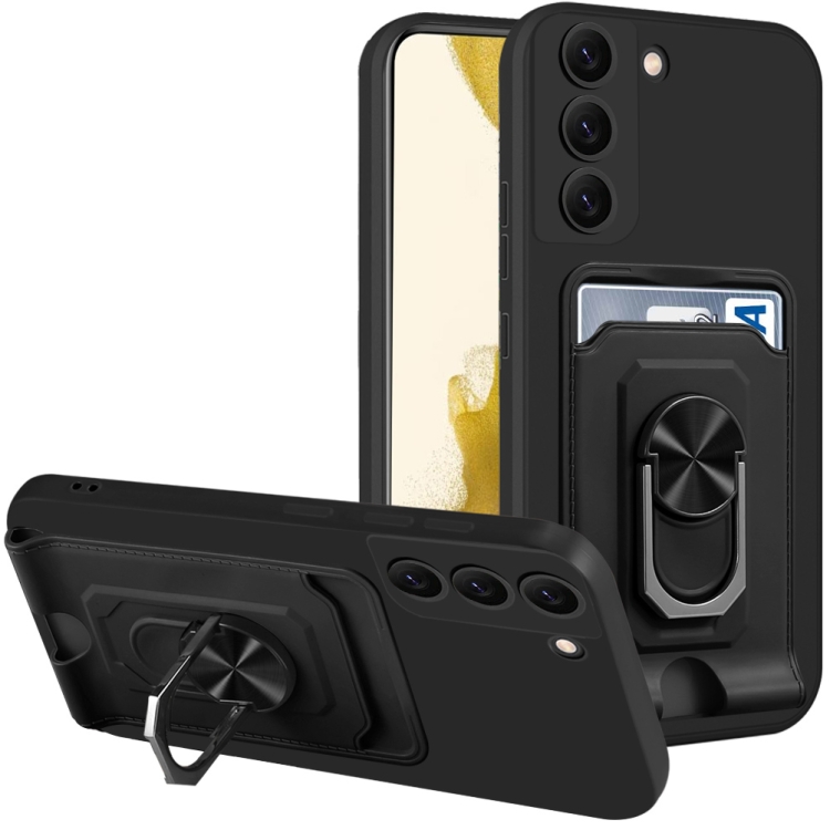 

For Samsung Galaxy S22+ 5G Ring Kickstand Card Wallet TPU Phone Case(Black)