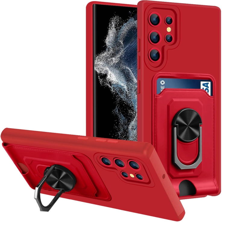 

For Samsung Galaxy S22 Ultra 5G Ring Kickstand Card Wallet TPU Phone Case(Red)