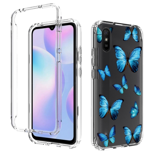 

For Xiaomi Redmi 9A PC+TPU Transparent Painted Phone Case(Blue Butterflies)