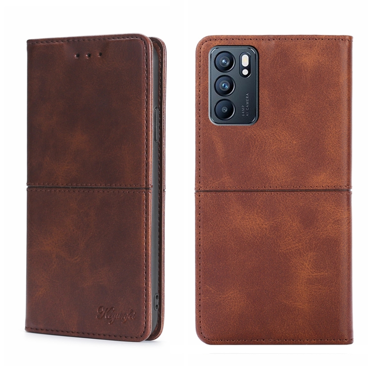 

For OPPO Reno6 5G Cow Texture Magnetic Horizontal Flip Leather Phone Case(Dark Brown)