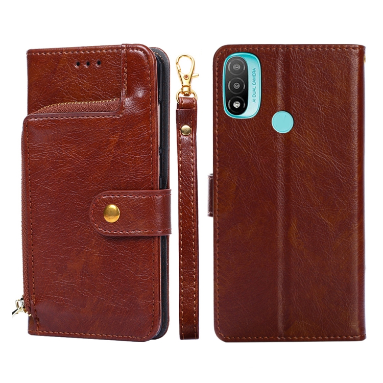 

For Motorola Moto E20 Zipper Bag PU + TPU Horizontal Flip Leather Case(Brown)
