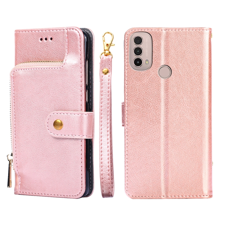 

For Motorola Moto E40 Zipper Bag PU + TPU Horizontal Flip Leather Case(Rose Gold)