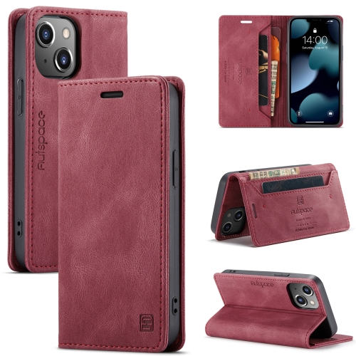 

For iPhone 14 AutSpace A01 Retro Skin-feel Crazy Horse Leather Phone Case (Wine Red)