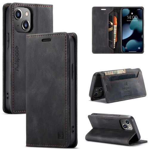 

For iPhone 14 Plus AutSpace A01 Retro Skin-feel Crazy Horse Leather Phone Case (Black)