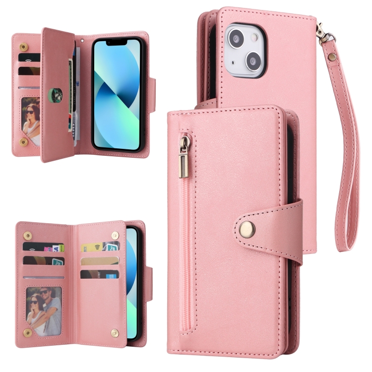 

Rivet Buckle 9 Cards Three Fold Leather Phone Case For iPhone 13(Rose Gold)