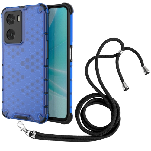 

For OPPO A57 4G Global Lanyard Honeycomb Phone Case(Blue)