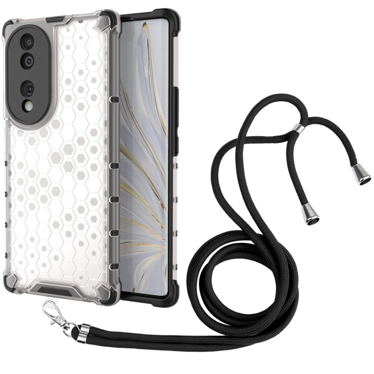 

For Honor 70 5G Lanyard Honeycomb Phone Case(White)