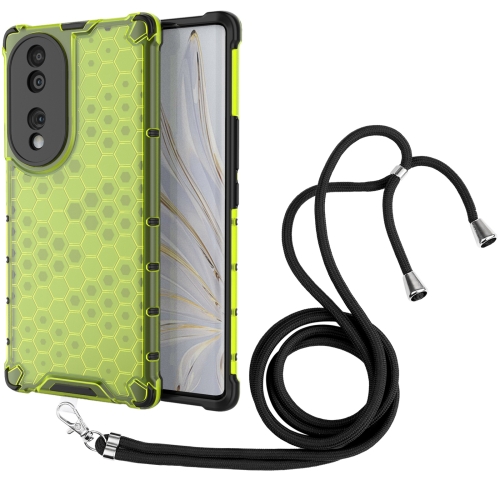 

For Honor 70 5G Lanyard Honeycomb Phone Case(Green)