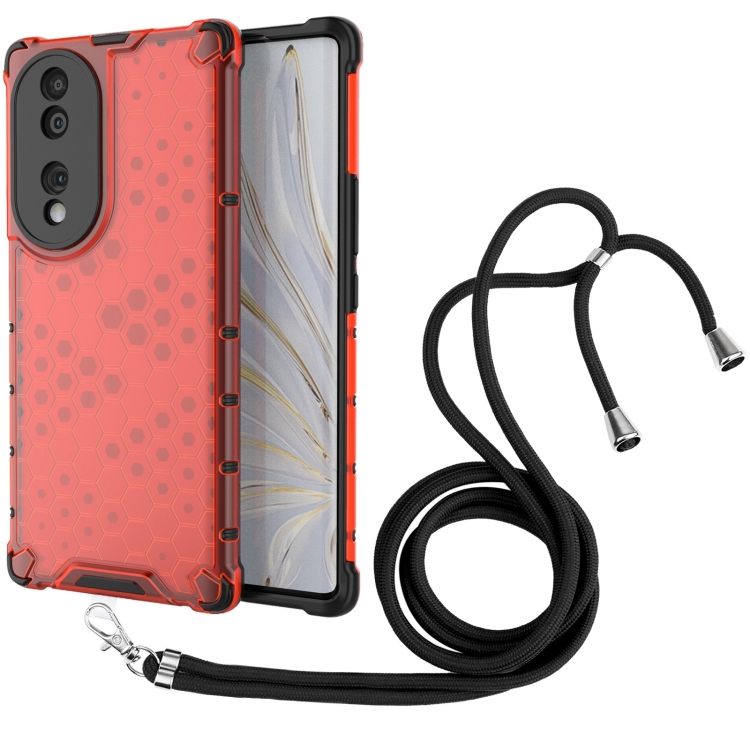

For Honor 70 5G Lanyard Honeycomb Phone Case(Red)