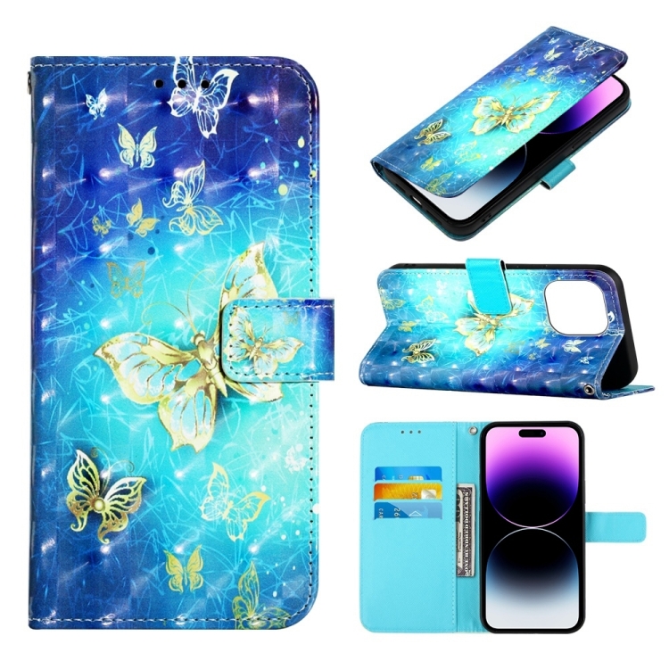 

For iPhone 14 Pro 3D Painting Horizontal Flip Leather Phone Case(Golden Butterfly)