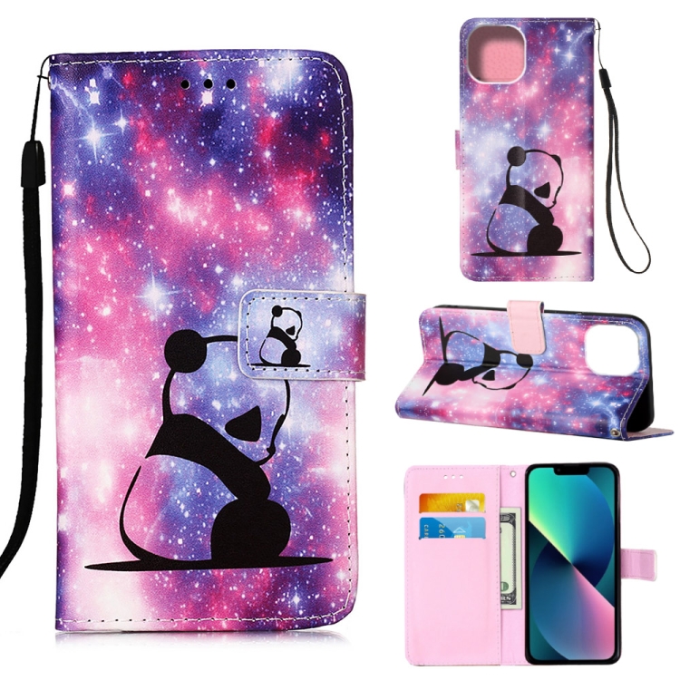 

For iPhone 14 Painted Flat Texture Leather Case with Lanyard & Card Slot & Wallet & Holder (Baby Panda)