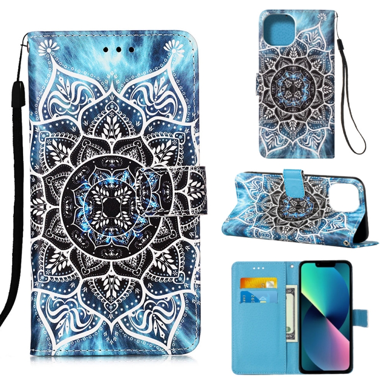 

For iPhone 14 Plus Painted Flat Texture Leather Case with Lanyard & Card Slot & Wallet & Holder (Undersea Mandala)