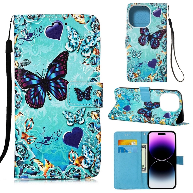 

For iPhone 14 Pro Max Painted Flat Texture Leather Case with Lanyard & Card Slot & Wallet & Holder (Love Butterfly)