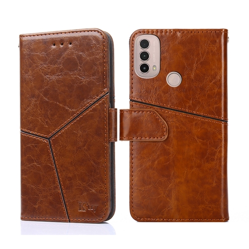 

For Motorola Moto E40 Geometric Stitching Horizontal Flip Leather Phone Case(Light Brown)