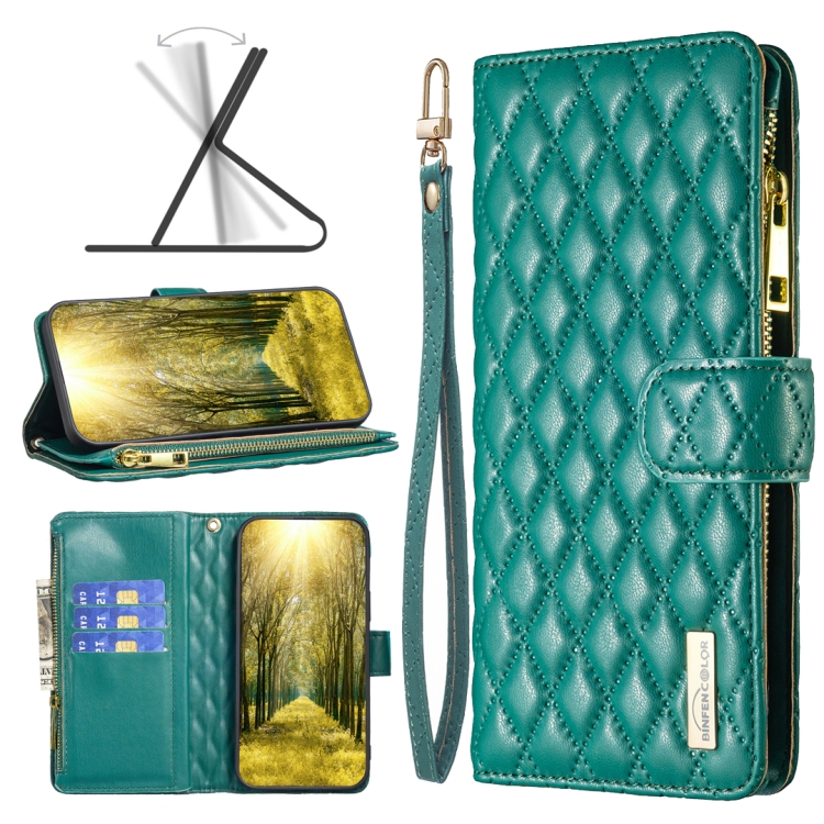 

For Xiaomi Redmi 10C Diamond Lattice Zipper Wallet Leather Flip Phone Case(Green)