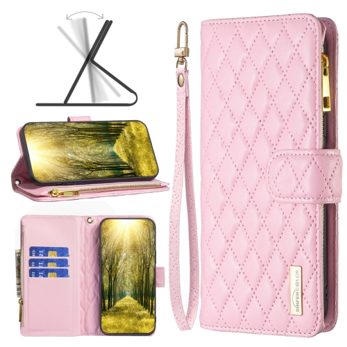 

For Xiaomi Poco M3 Pro/Redmi Note 10 5G/10T 5G Diamond Lattice Zipper Wallet Leather Flip Phone Case(Pink)